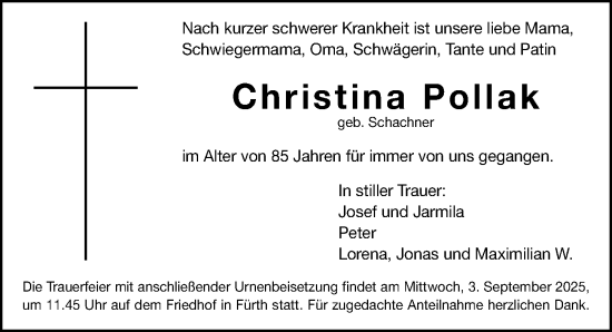 Traueranzeige von Christina Pollak von Fürther Nachrichten Lokal