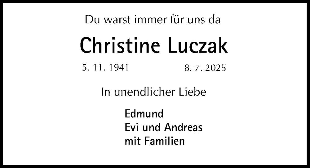  Traueranzeige für Christine Luczak vom 16.08.2025 aus Gesamtausgabe Nürnberger Nachrichten/ Nürnberger Ztg.