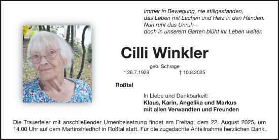 Traueranzeige von Cilli Winkler von Fürther Nachrichten Lokal