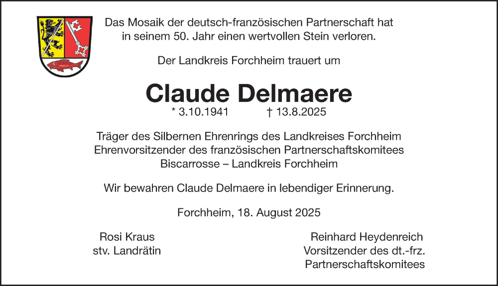  Traueranzeige für Claude Delmaere vom 20.08.2025 aus Nordbayerische Nachrichten Forchheim Lokal