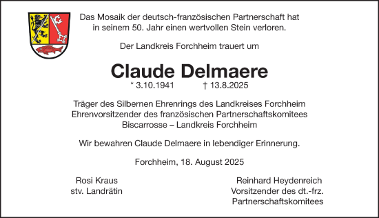 Traueranzeige von Claude Delmaere von Nordbayerische Nachrichten Forchheim Lokal