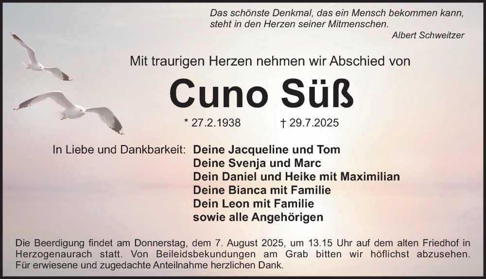  Traueranzeige für Cuno Süß vom 02.08.2025 aus Erlanger Nachrichten Lokal