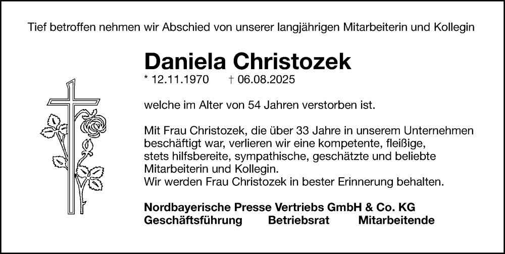 Traueranzeige für Daniela Christozek vom 12.08.2025 aus Gesamtausgabe Nürnberger Nachrichten/ Nürnberger Ztg.