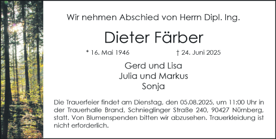 Traueranzeige von Dieter Färber von Gesamtausgabe Nürnberger Nachrichten/ Nürnberger Ztg.