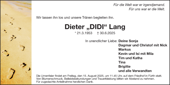 Traueranzeige von Dieter Lang von Fürther Nachrichten Lokal
