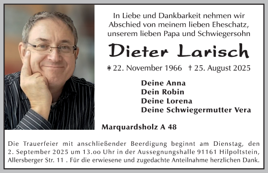 Traueranzeige von Dieter Larisch von Roth-Hilpoltsteiner Volkszeitung Lokal