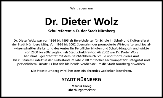 Traueranzeige von Dieter Wolz von Gesamtausgabe Nürnberger Nachrichten/ Nürnberger Ztg.