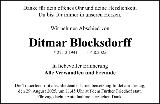 Traueranzeige von Ditmar Blocksdorff von Fürther Nachrichten Lokal