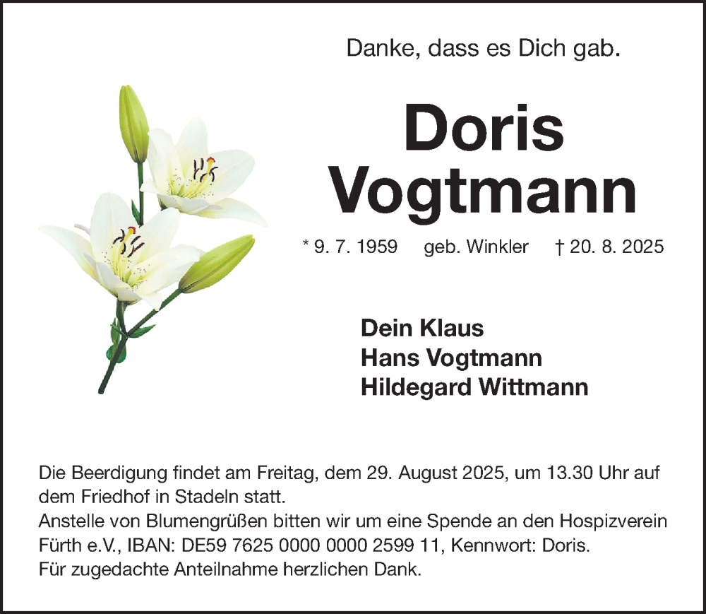  Traueranzeige für Doris Vogtmann vom 23.08.2025 aus Fürther Nachrichten Lokal