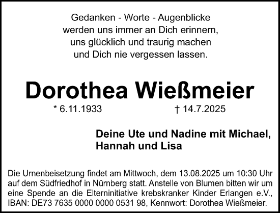 Traueranzeige von Dorothea Wießmeier von Gesamtausgabe Nürnberger Nachrichten/ Nürnberger Ztg.