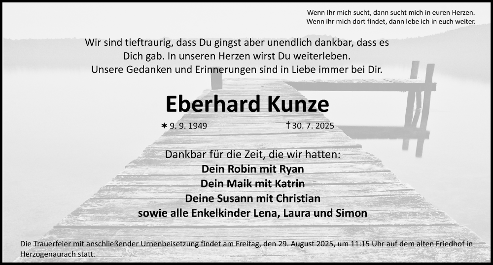 Traueranzeige für Eberhard Kunze vom 23.08.2025 aus Nordbayerische Nachrichten Herzogenaurach Lokal