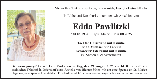 Traueranzeige von Edda Pawlitzki von Erlanger Nachrichten Lokal