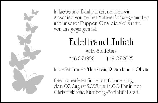 Traueranzeige von Edeltraud Julich von Gesamtausgabe Nürnberger Nachrichten/ Nürnberger Ztg.