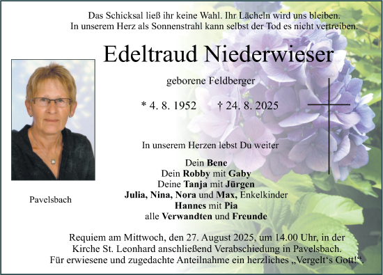 Traueranzeige von Edeltraud Niederwieser von Neumarkter Nachrichten Lokal