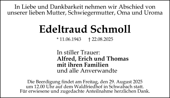 Traueranzeige von Edeltraud Schmoll von Schwabacher Tagblatt Lokal