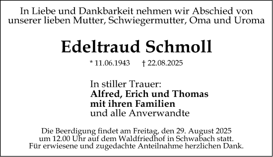 Traueranzeige von Edeltraud Schmoll von Roth-Hilpoltsteiner Volkszeitung Lokal