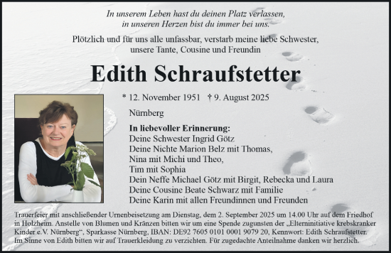 Traueranzeige von Edith Schraufstetter von Gesamtausgabe Nürnberger Nachrichten/ Nürnberger Ztg.