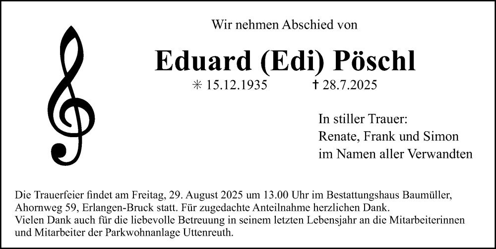  Traueranzeige für Eduard Pöschl vom 16.08.2025 aus Erlanger Nachrichten Lokal