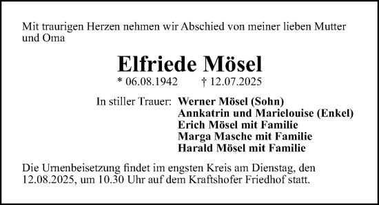 Traueranzeige von Elfriede Mösel von Gesamtausgabe Nürnberger Nachrichten/ Nürnberger Ztg.