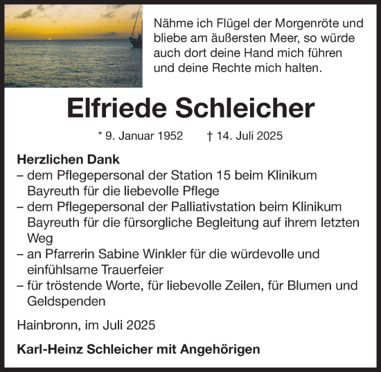 Traueranzeige von Elfriede Schleicher von Nordbayerische Nachrichten Pegnitz Lokal