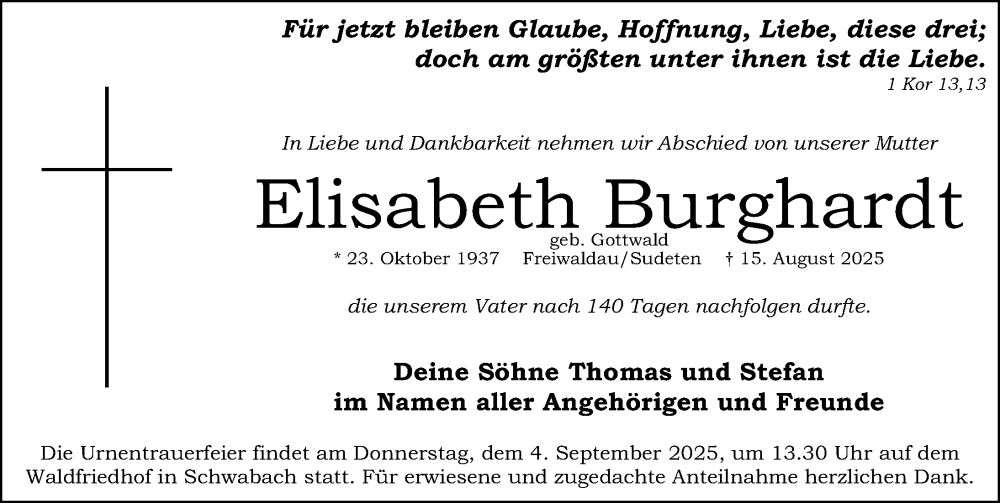  Traueranzeige für Elisabeth Burghardt vom 30.08.2025 aus Schwabacher Tagblatt Lokal