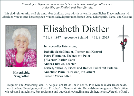 Traueranzeige von Elisabeth Distler von Neumarkter Nachrichten Lokal