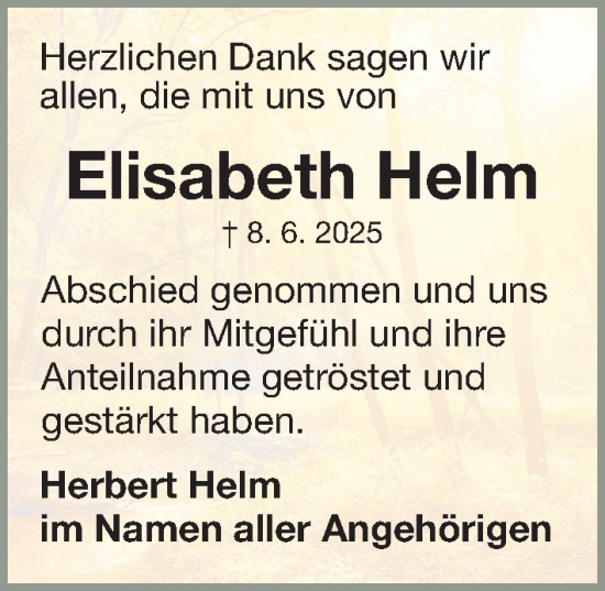 Traueranzeige von Elisabeth Helm von Fürther Nachrichten Lokal