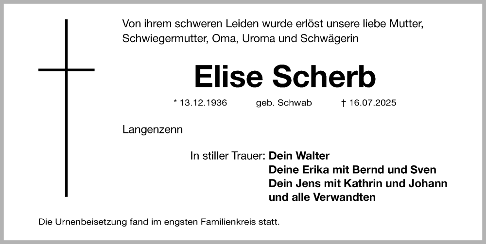  Traueranzeige für Elise Scherb vom 02.08.2025 aus Fürther Nachrichten Lokal
