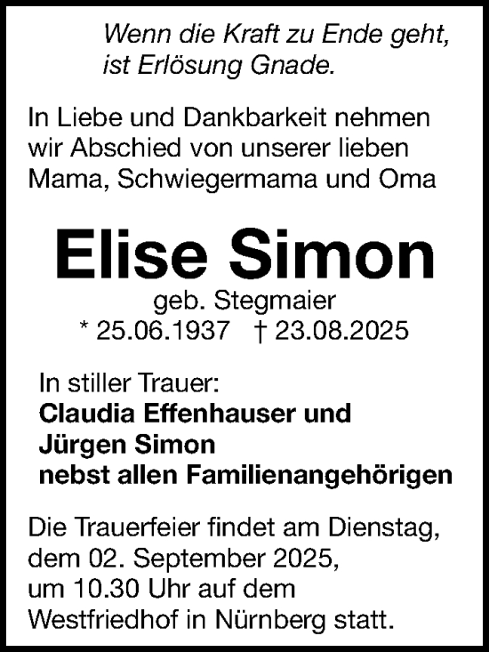 Traueranzeige von Elise Simon von Gesamtausgabe Nürnberger Nachrichten/ Nürnberger Ztg.