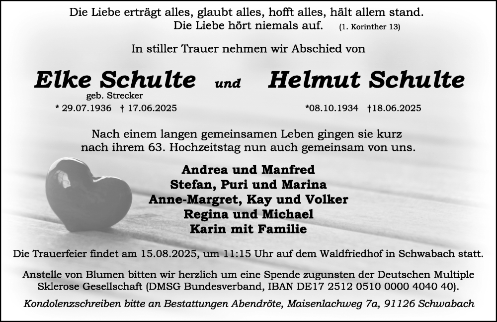  Traueranzeige für Elke Schulte vom 09.08.2025 aus Gesamtausgabe Nürnberger Nachrichten/ Nürnberger Ztg.