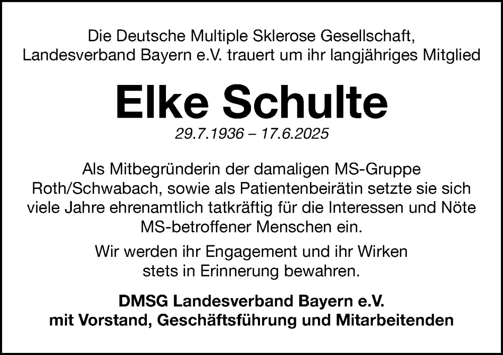  Traueranzeige für Elke Schulte vom 09.08.2025 aus Schwabacher Tagblatt Lokal