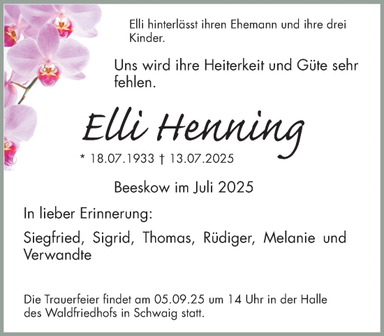Traueranzeige von Elli Henning von Gesamtausgabe Nürnberger Nachrichten/ Nürnberger Ztg.