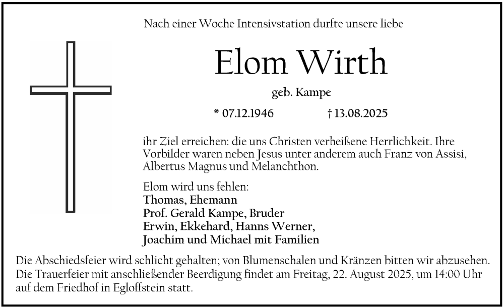  Traueranzeige für Elom Wirth vom 20.08.2025 aus Nordbayerische Nachrichten Forchheim Lokal