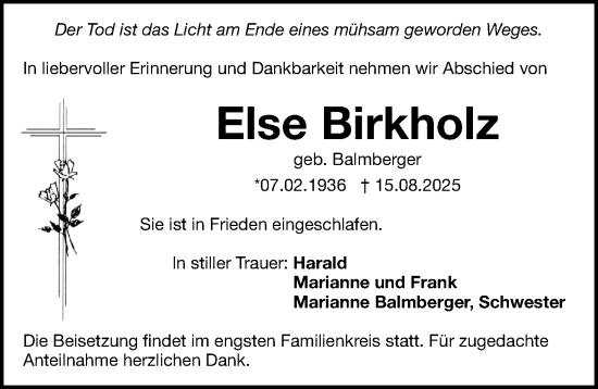 Traueranzeige von Else Birkholz von Gesamtausgabe Nürnberger Nachrichten/ Nürnberger Ztg.