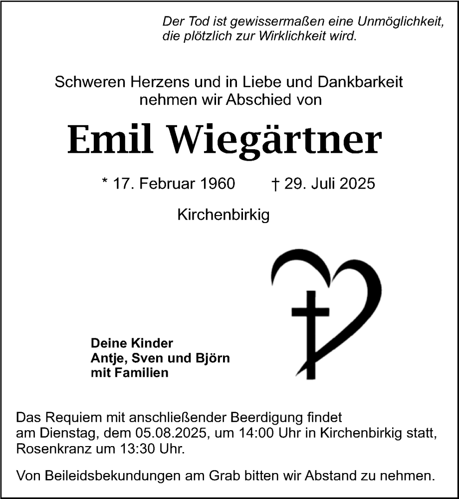  Traueranzeige für Emil Wiegärtner vom 02.08.2025 aus Nordbayerische Nachrichten Pegnitz Lokal
