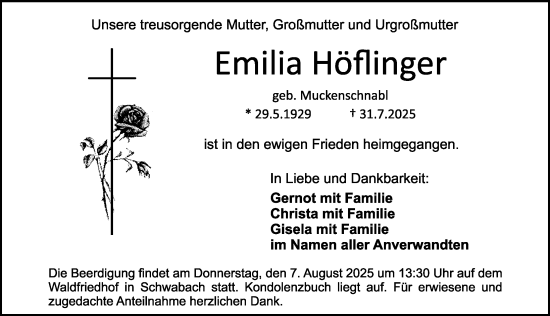 Traueranzeige von Emilia Höflinger von Schwabacher Tagblatt Lokal