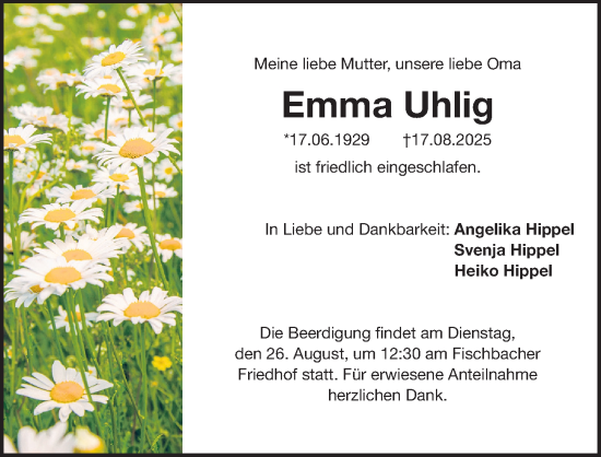 Traueranzeige von Emma Uhlig von Gesamtausgabe Nürnberger Nachrichten/ Nürnberger Ztg.