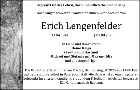 Traueranzeige von Erich Lengenfelder von Erlanger Nachrichten/ Nordbayer. Nachrichten Forchheim