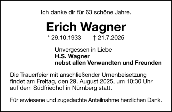 Traueranzeige von Erich Wagner von Gesamtausgabe Nürnberger Nachrichten/ Nürnberger Ztg.