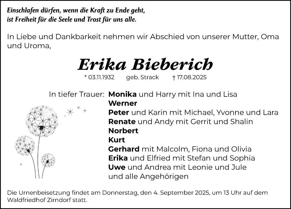  Traueranzeige für Erika Bieberich vom 30.08.2025 aus Fürther Nachrichten Lokal