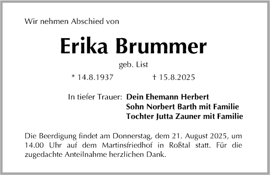 Traueranzeige von Erika Brummer von Gesamtausgabe Nürnberger Nachrichten/ Nürnberger Ztg.