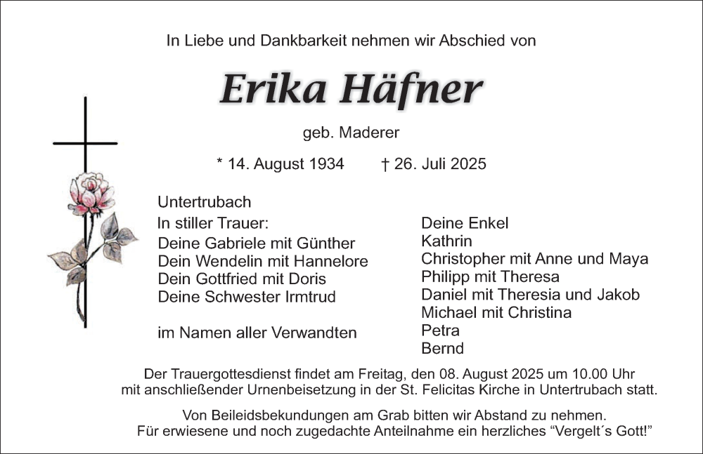  Traueranzeige für Erika Häfner vom 07.08.2025 aus Nordbayerische Nachrichten Forchheim Lokal