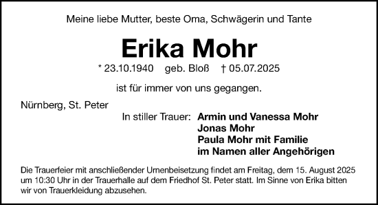 Traueranzeige von Erika Mohr von Gesamtausgabe Nürnberger Nachrichten/ Nürnberger Ztg.