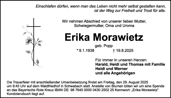 Traueranzeige von Erika Morawietz von Schwabacher Tagblatt Lokal
