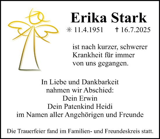 Traueranzeige von Erika Stark von Erlanger Nachrichten Lokal