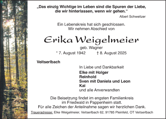 Traueranzeige von Erika Weigelmeier von Altmühl-Bote Lokal