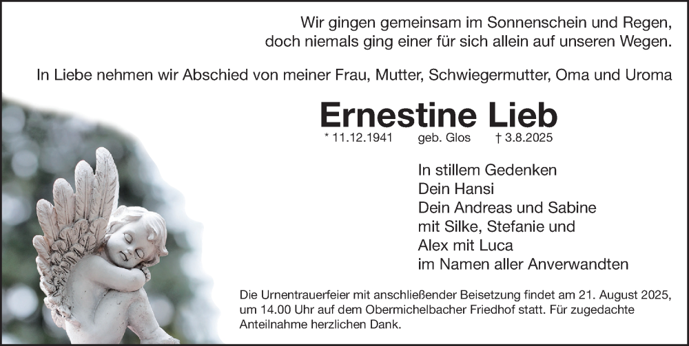  Traueranzeige für Ernestine Lieb vom 16.08.2025 aus Fürther Nachrichten Lokal