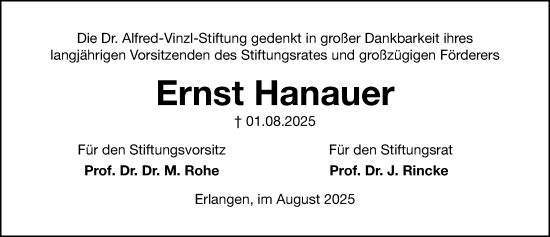 Traueranzeige von Ernst Hanauer von Gesamtausgabe Nürnberger Nachrichten/ Nürnberger Ztg.