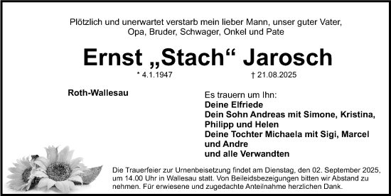 Traueranzeige von Ernst Jarosch von Roth-Hilpoltsteiner Volkszeitung Lokal