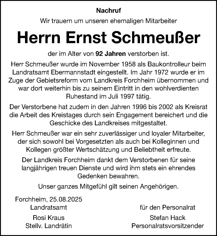  Traueranzeige für Ernst Schmeußer vom 26.08.2025 aus Nordbayerische Nachrichten Forchheim Lokal